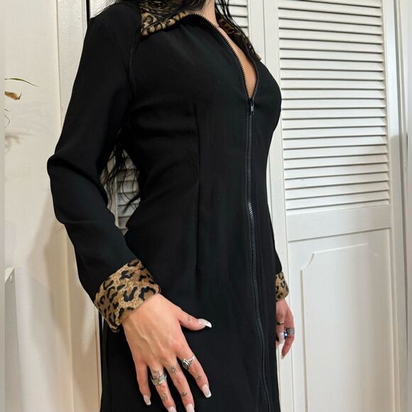 Leopard trim black longsleeve dress women’s small/medium - Picture 1 of 9